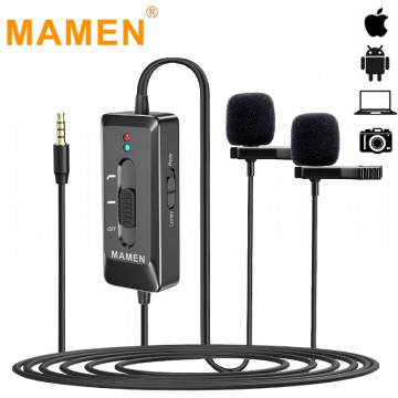 MAMEN Dual-Head Clip on Lapel Microphone Lavalier Omnidirectional Condenser Recording Mic for iPhone Sumsang DSLR Camera Phone