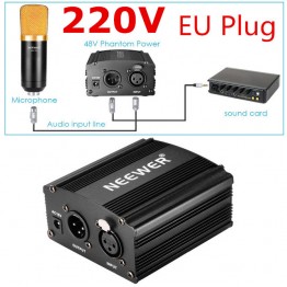 Neewer EU Plug 220V 1-Channel 48V Phantom Power Supply+Adapter+One XLR Audio Cable for Any Condenser Microphone Recording